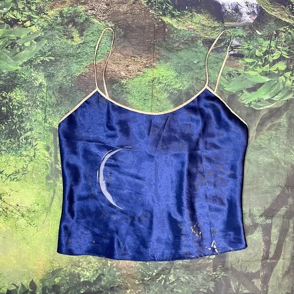 Vintage 1990s Micro Celestial Night Midnight Blue Camisole Moon Stars Silky - Picture 2 of 9